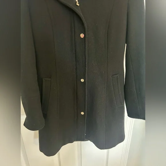 Calvin Klein Black Wool Coat with detachable faux fur hood size small - Picture 3 of 3